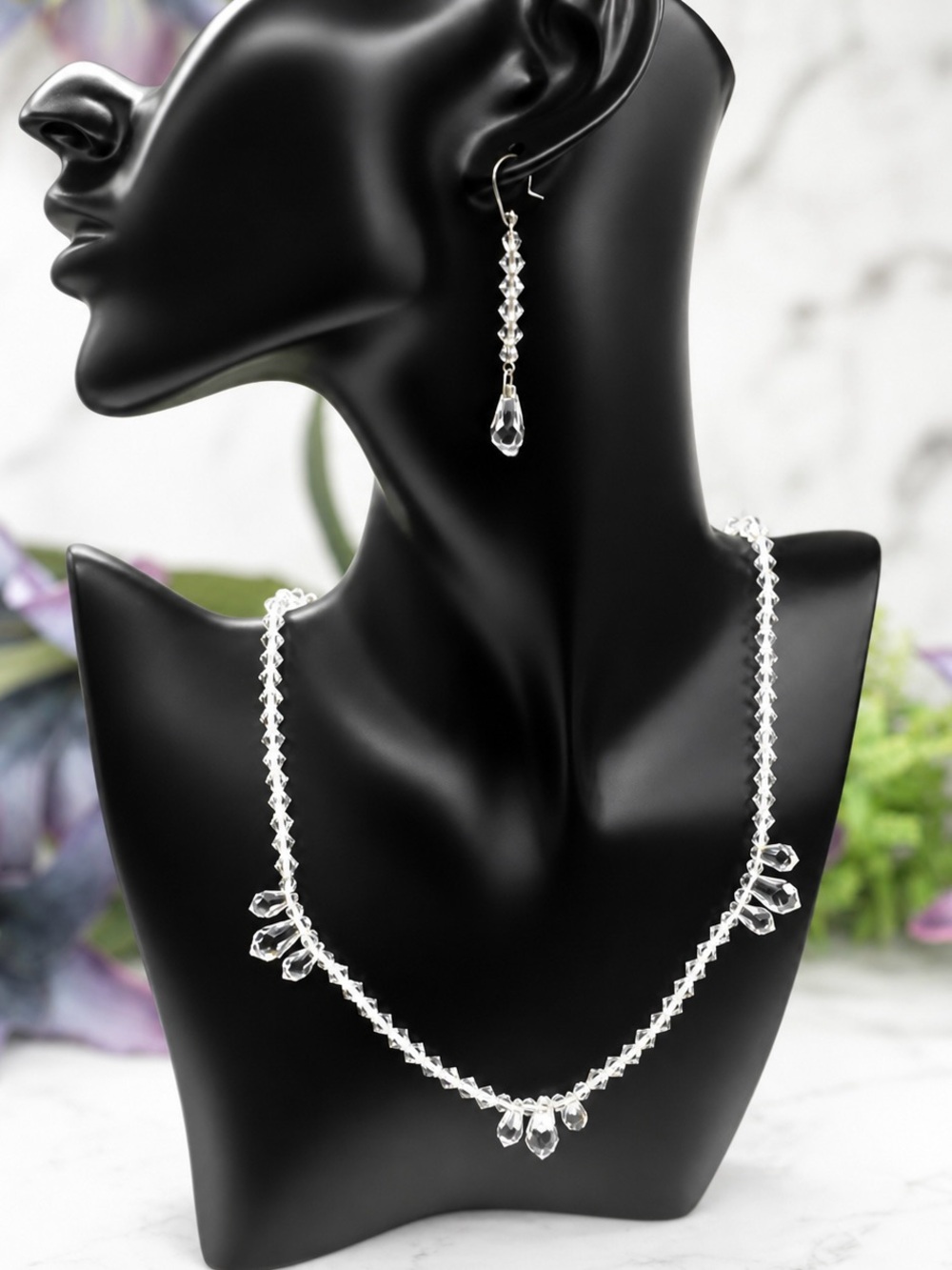 Clear Glass Faceted Crystal Teardrop Necklace & Earrings Set  17.5” • Vintage